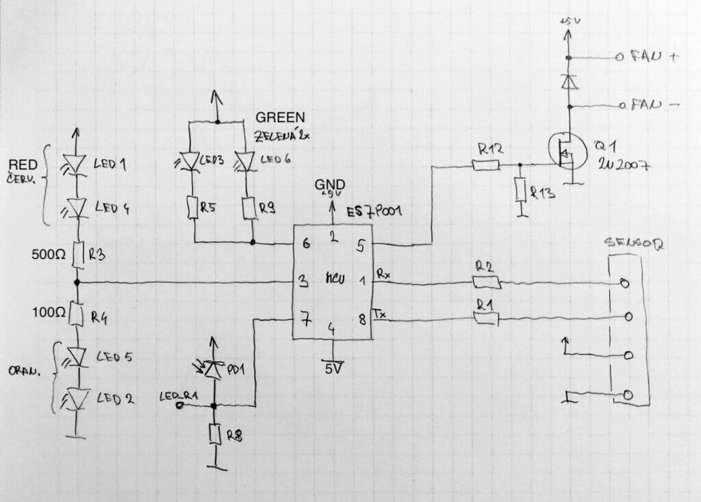 Hand-drawn IKEA VINDRIKTNING schematic with LEDs, resistors, PM1006 connector and fan