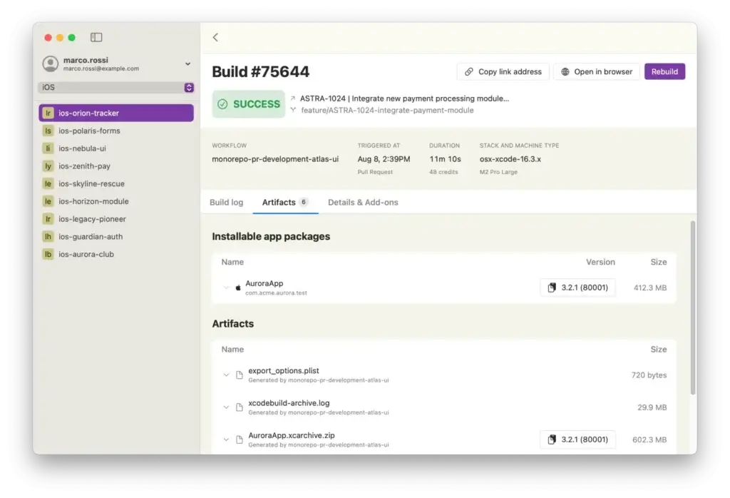 BitSlug artifacts tab listing the installable app package with version and size, and the other build artifacts