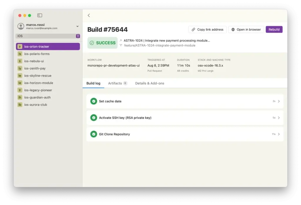 BitSlug build detail with status, workflow, duration, machine type and the step-by-step build log