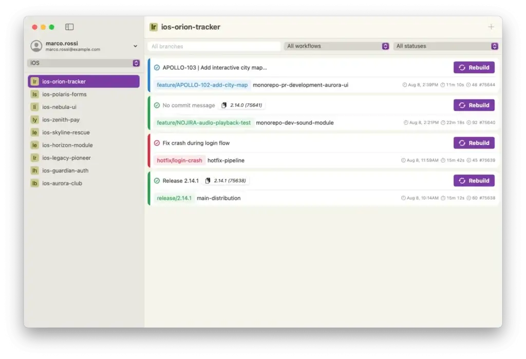 BitSlug on macOS showing the build list of a Bitrise project, filtered by branch, workflow and status